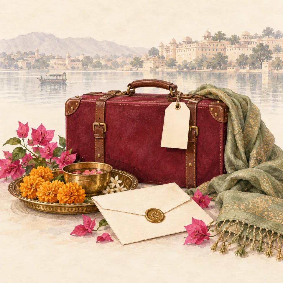 Original illustration of a maroon suitcase, wedding invitation and flowers for a destination wedding welcome