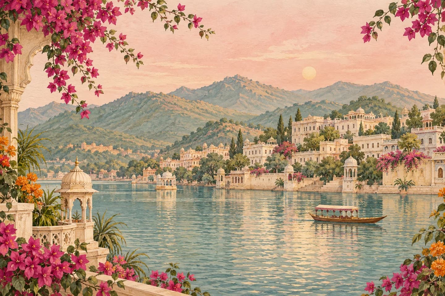 An original painterly illustration of a lakeside city, hills and bougainvillea inspired by Udaipur